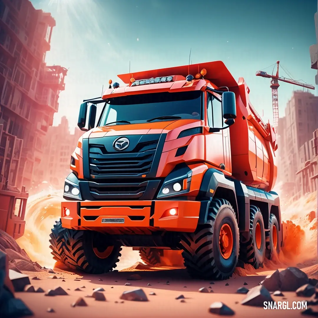 A robust orange truck navigates through a busy city street, surrounded by towering buildings and a construction crane, reflecting the dynamic and evolving nature of urban life while showcasing its colorful presence.