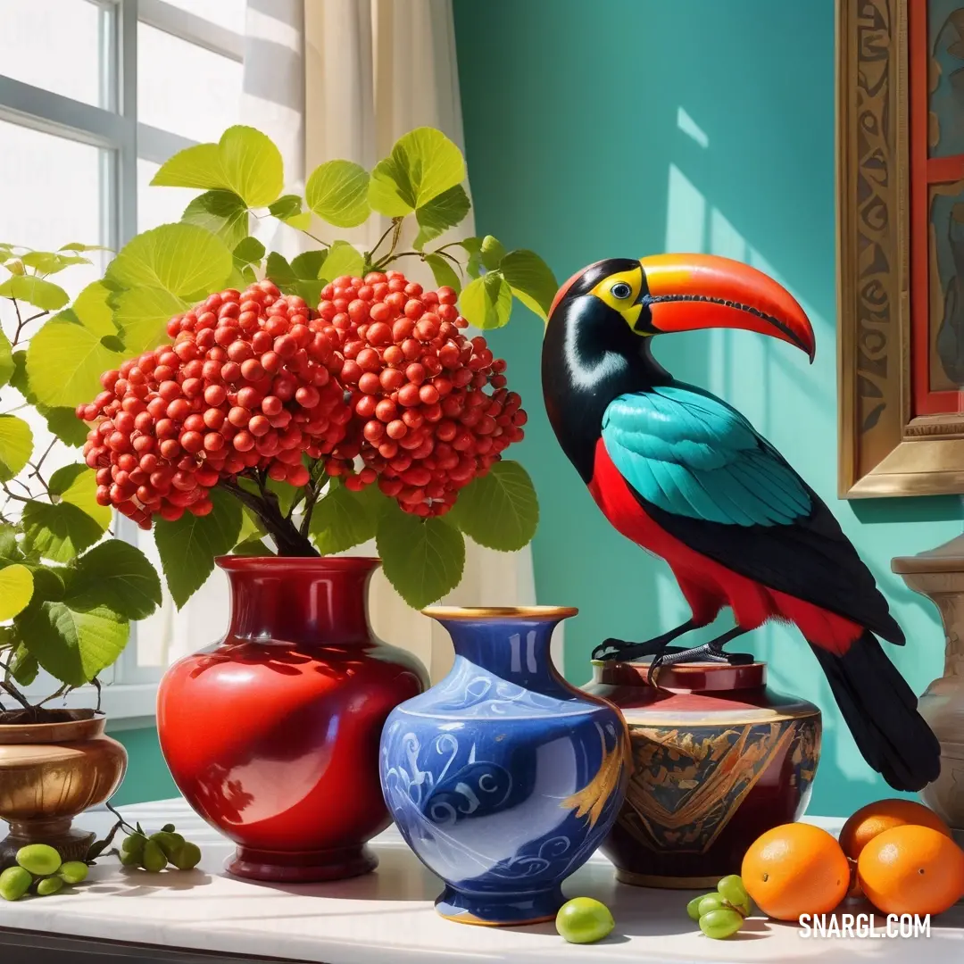 A delightful arrangement featuring a painting of a bird perched gracefully next to various vases filled with fruit and flowers, bathed in natural light streaming through an inviting window.