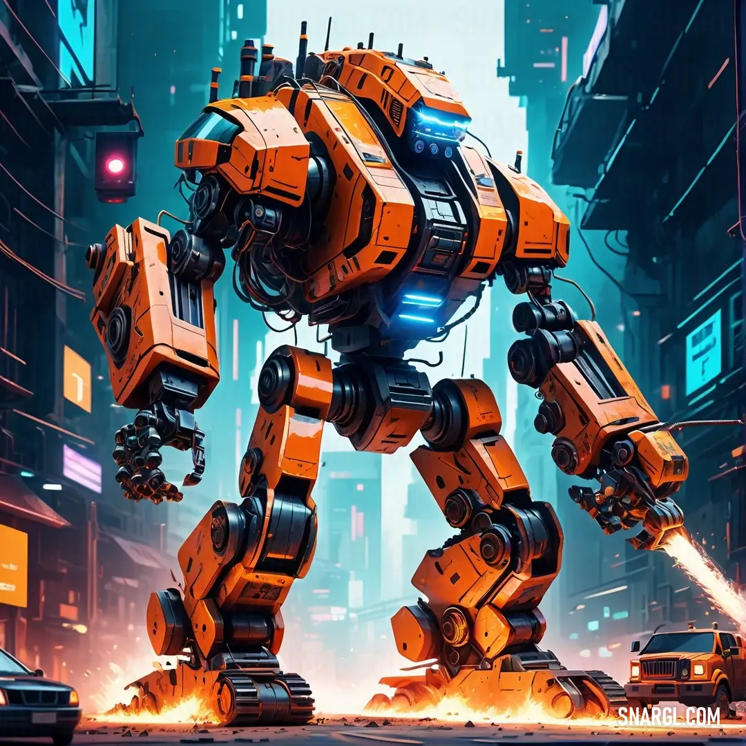 A towering robot stands confidently in the street, flanked by a stylish car and an intriguing cityscape that hints at a blend of technology and industry, captivating passersby with its powerful presence amid urban life.