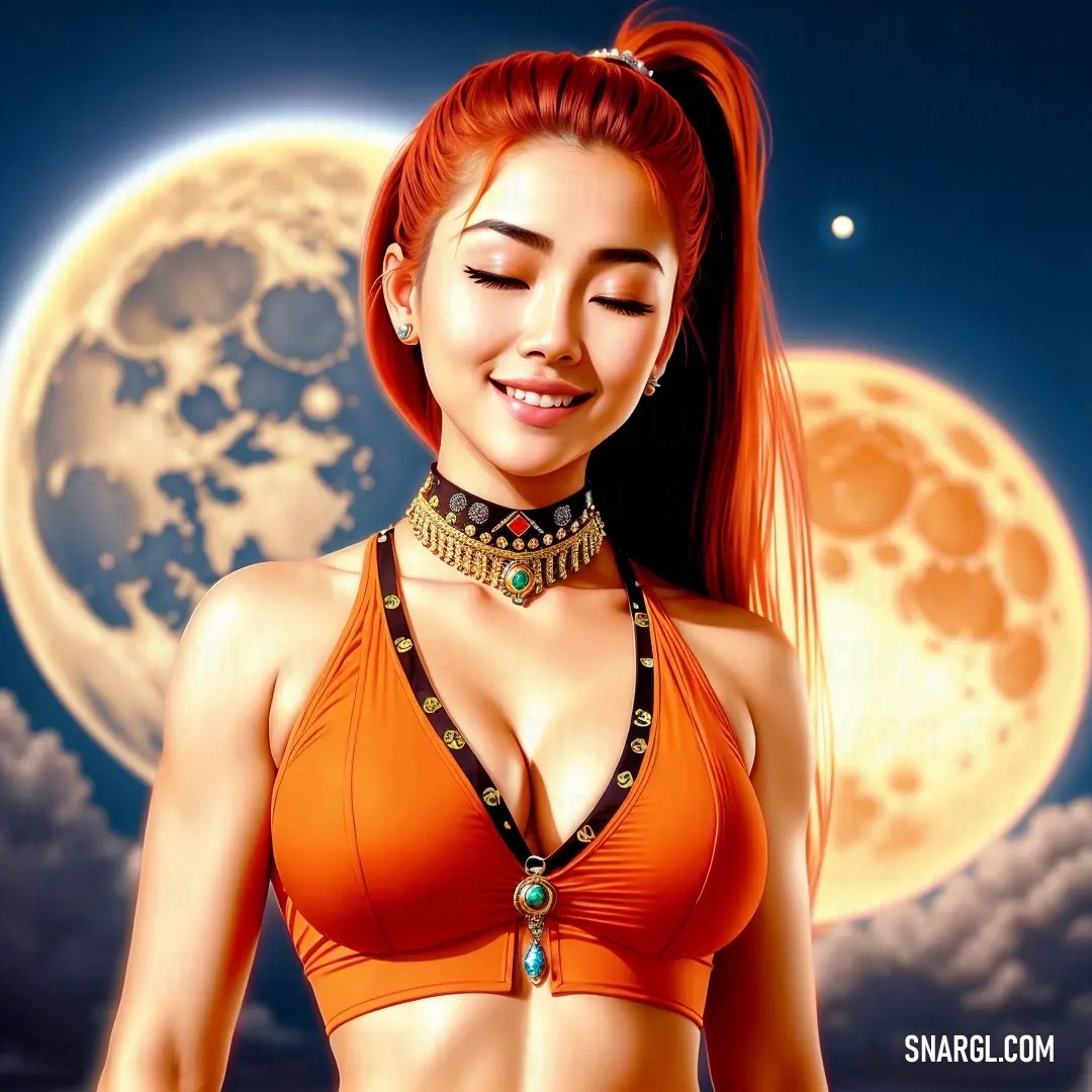 Woman in a bikini top with a moon in the background. Color RGB 231,72,0.