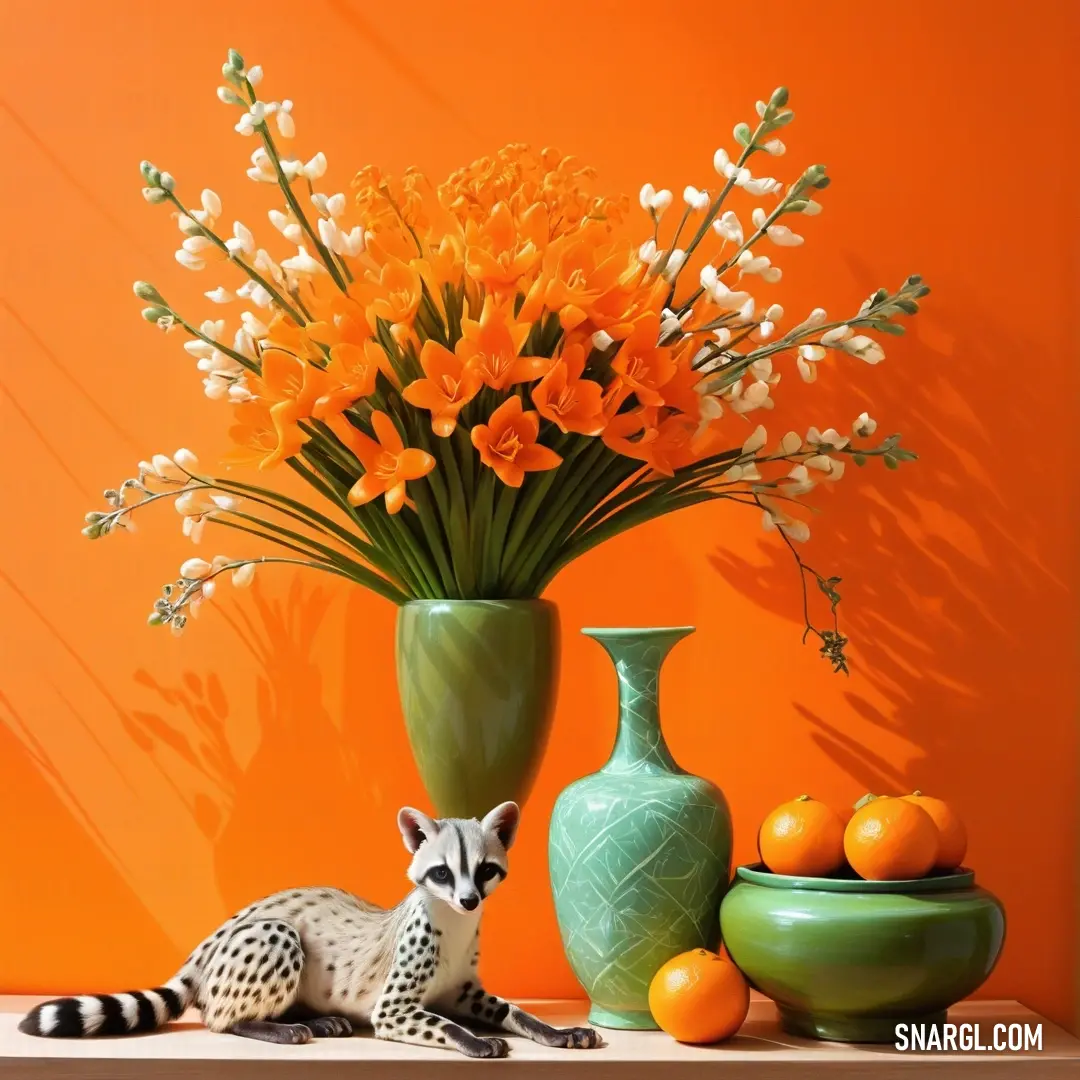 A captivating painting of a vase adorned with colorful flowers, accompanied by a playful cat resting beside a bowl of vibrant oranges on a charming table that enhances its appeal.