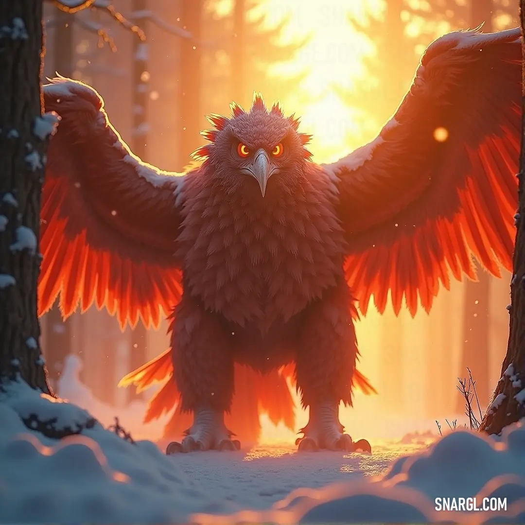 A striking red bird with expansive wings stands on the snow-covered ground, framed by a graceful tree. Its vivid colors stand out vividly against the wintry landscape, creating a breathtaking image of survival and beauty in the heart of winter's chill.