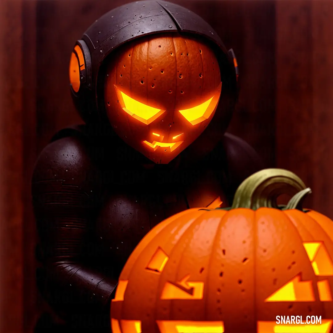 Robot with a pumpkin in its hand and a pumpkin in its other hand with a glowing face and head. Color RGB 231,72,0.