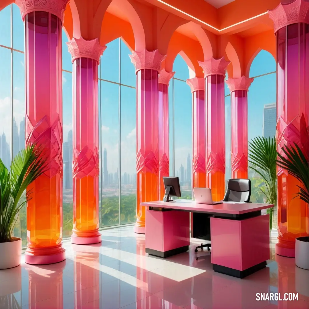 A stylishly designed room featuring a sleek desk and an inviting chair, perfectly positioned to take in a breathtaking city view through the window, illuminated by a warm pink and orange hue.