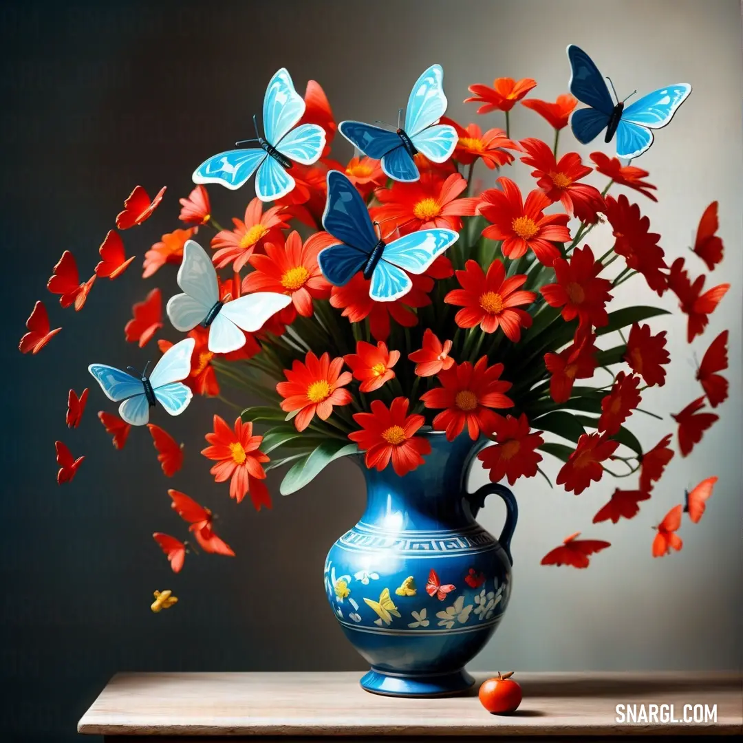 A charming vase brimming with a bouquet of vibrant red and blue flowers, surrounded by butterflies fluttering gracefully atop a sleek table with a subtle gray background. The composition feels inviting and warm, capturing the essence of nature's beauty.