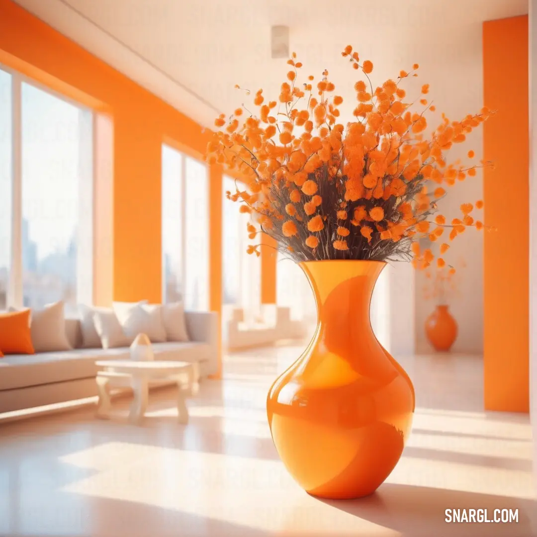 A vibrant display of a vase filled with colorful flowers on a table, set against a backdrop of lively orange walls, complemented by a cozy couch that enriches the room's inviting ambiance.