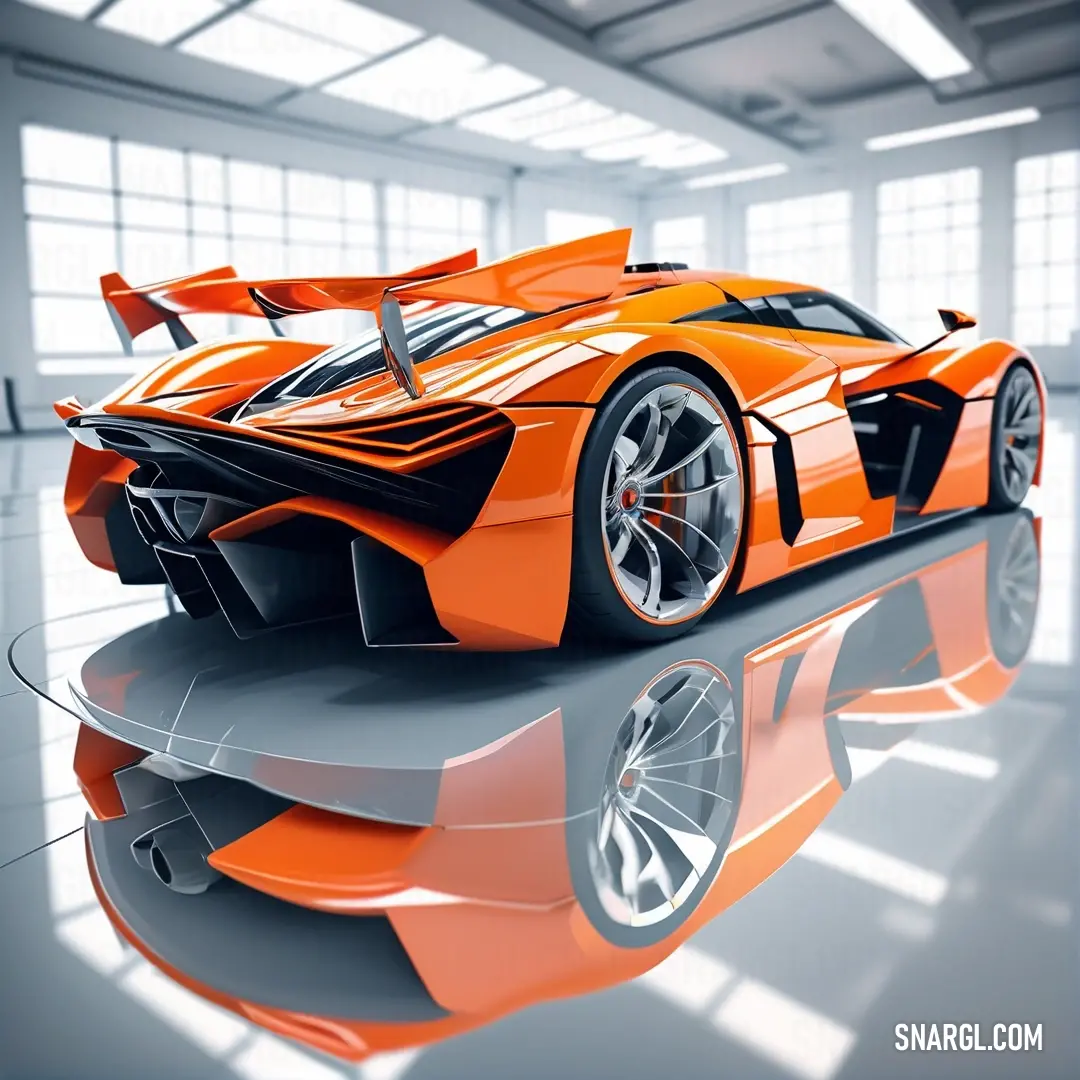 A stunning orange sports car sits elegantly in a spacious room, basking in natural light streaming through a large window, showcasing its sleek lines and luxurious design, surrounded by an atmosphere of sophistication and style.