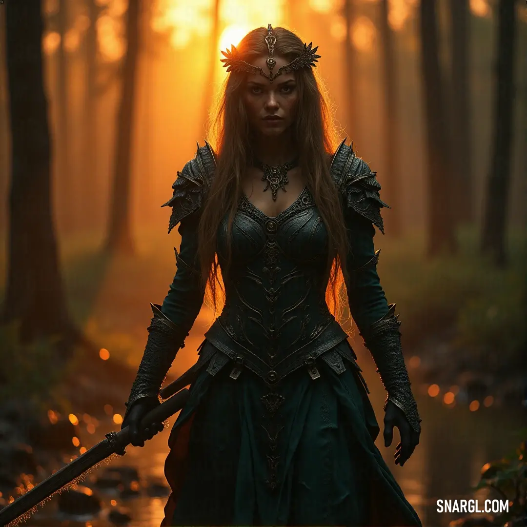 In a lush forest bathed in sunlight, a regal woman holds her sword with poise, adorned in a lovely green dress and crowned with delicate greenery, embodying the spirit of nature's royalty.