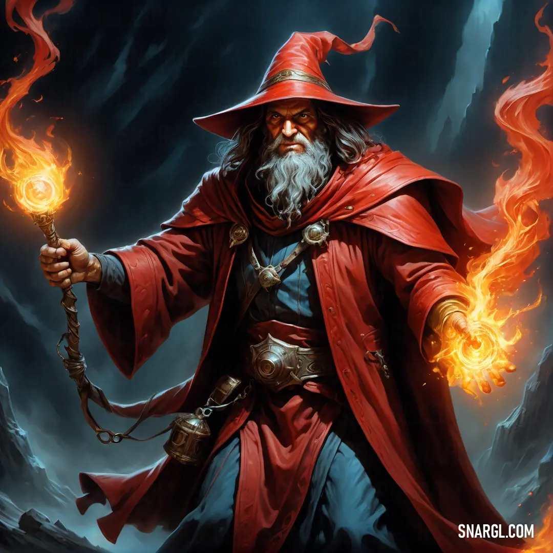 NCS S 1080-Y70R color example: Wizard with a long red coat and a red hat holding a fire ball in his hand and a chain around his waist