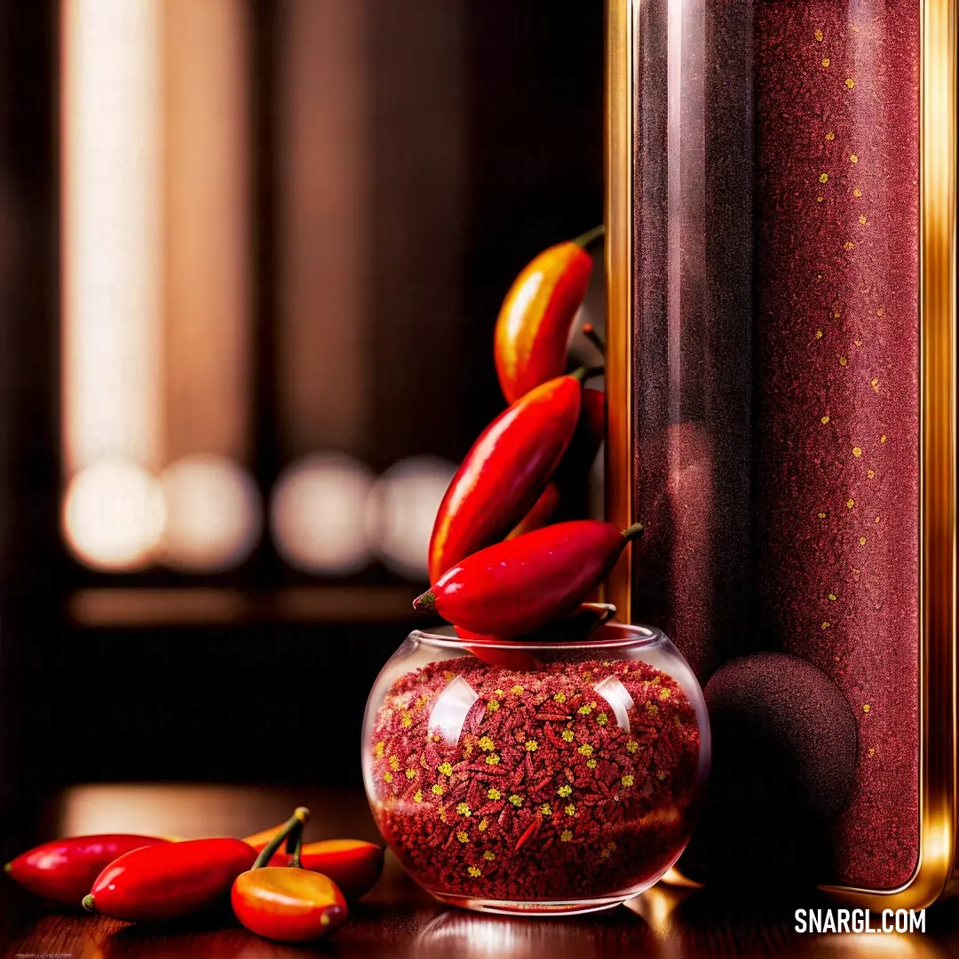 Glass jar filled with red peppers next to a red pepper shaker and a red pepper on a table. Example of RGB 222,42,25 color.