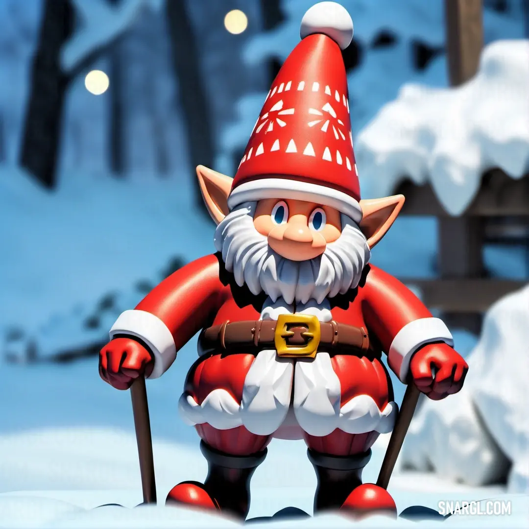 Toy gnome with a red hat and a cane in the snow with a bench in the background. Color #DE2A19.