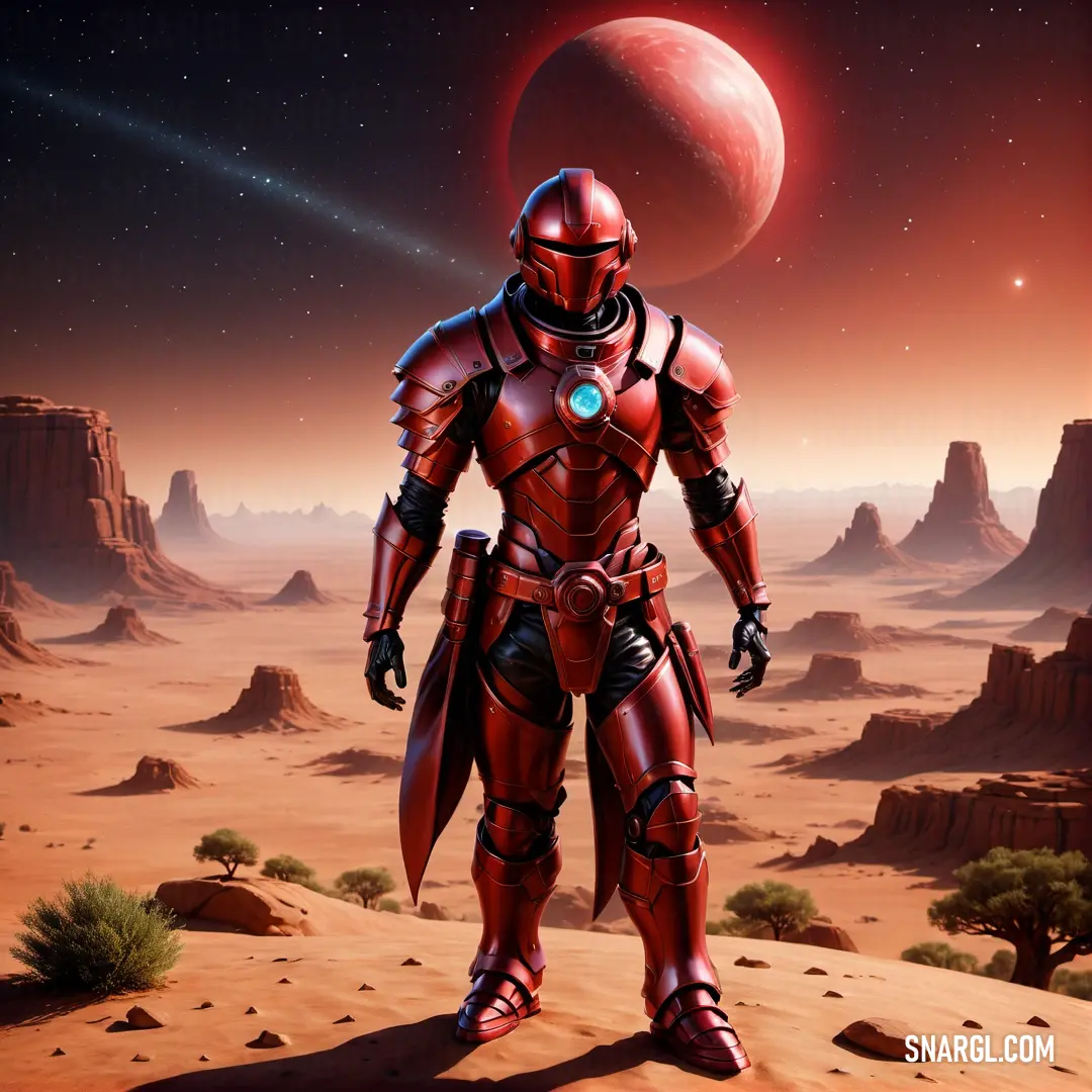 Man in a red suit standing in the desert with a red planet in the background. Example of NCS S 1080-Y90R color.