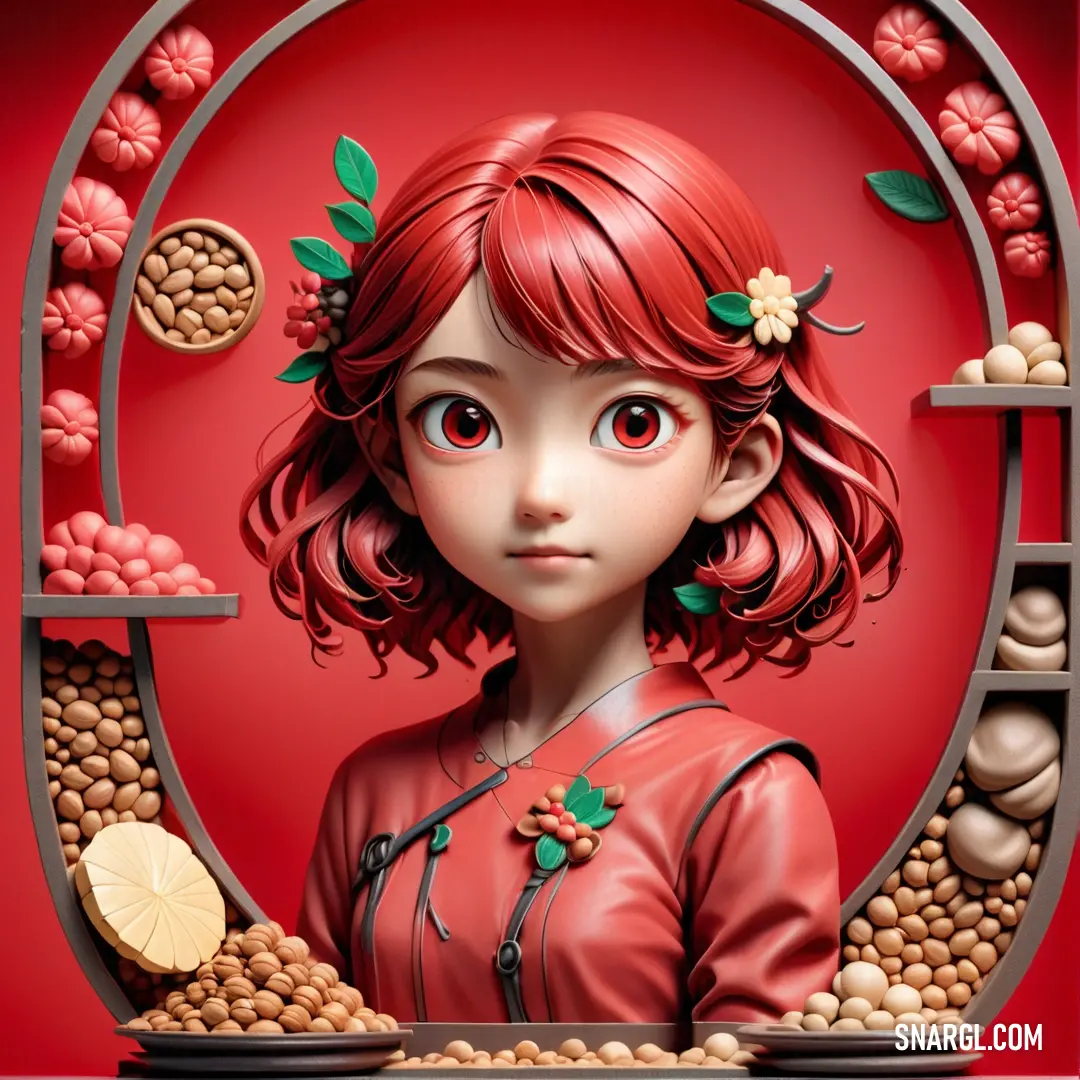 NCS S 1080-Y90R color. Painting of a girl with red hair and flowers in her hair