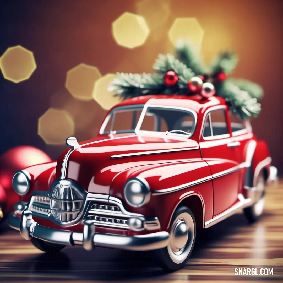 Red car with a christmas tree on top of it's roof and a red bauble. Color RGB 207,16,33.