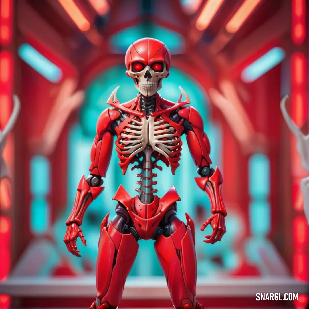 Skeleton in a red suit with a skeleton on his chest and arms outstretched, with a red background. Example of RGB 207,16,33 color.