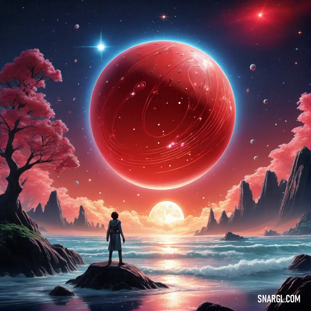 Man standing on a rock looking at a red planet in the sky above the water and trees in the foreground. Example of #DA1D16 color.