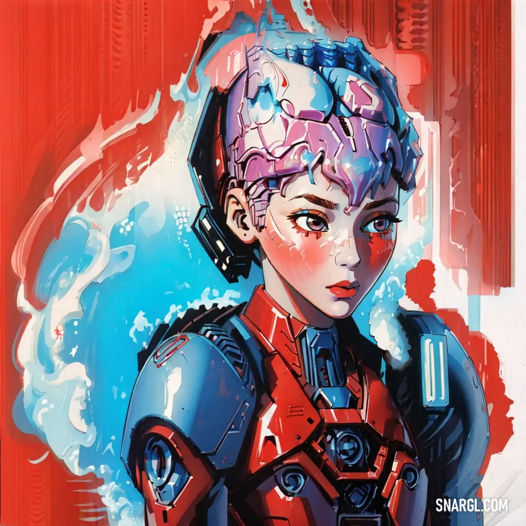 NCS S 1085-Y80R color. Woman with a futuristic suit and a red background