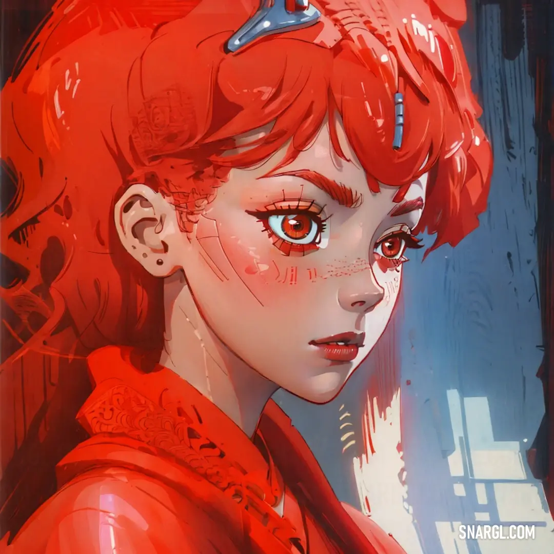 Red haired girl with a sci - fi, Artgerm, stanley artgerm lau, cyberpunk art, computer art. Example of #DA1D16 color.