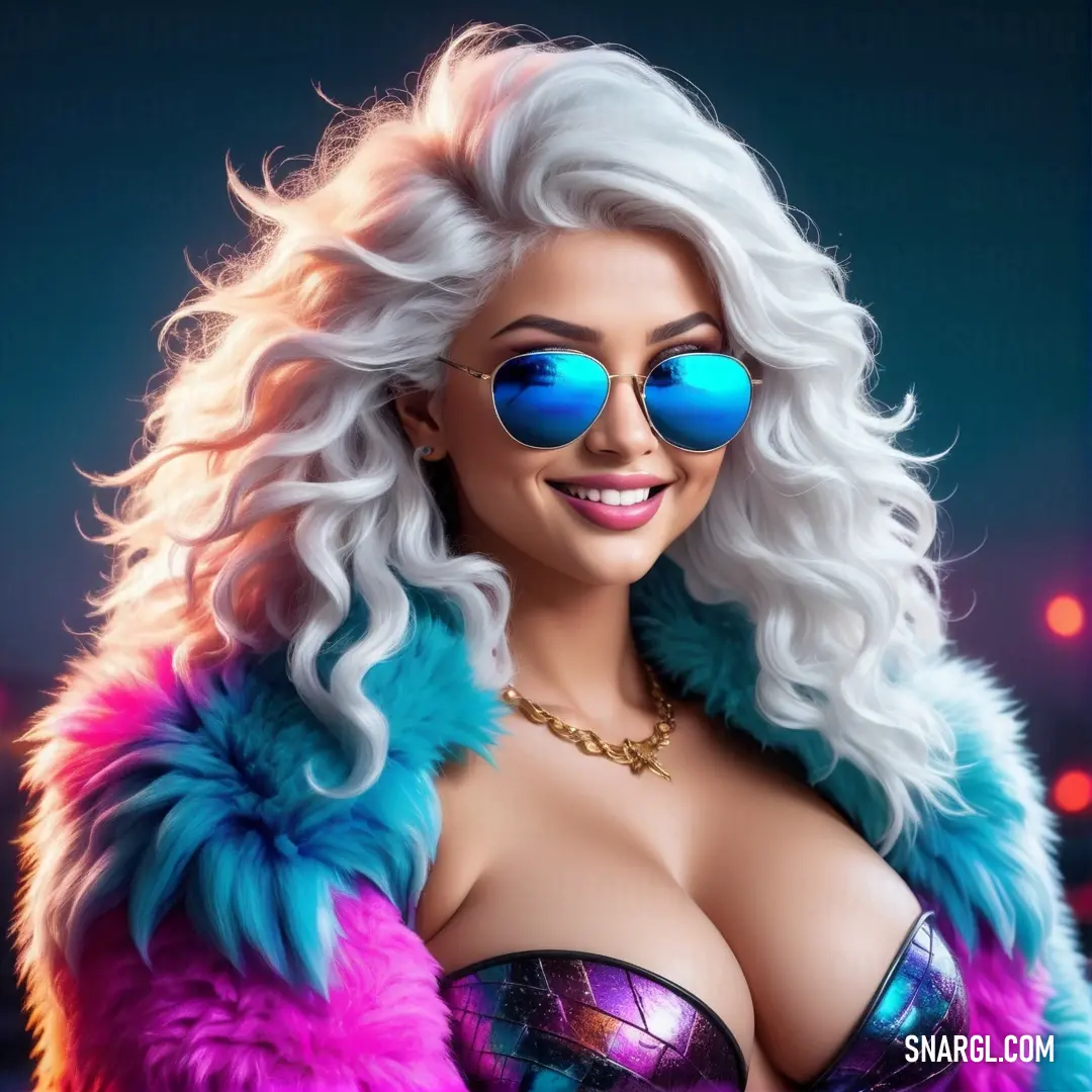 Woman with a very large breast wearing sunglasses and a fur coat with a blue and pink jacket on. Example of #E0DFDE color.