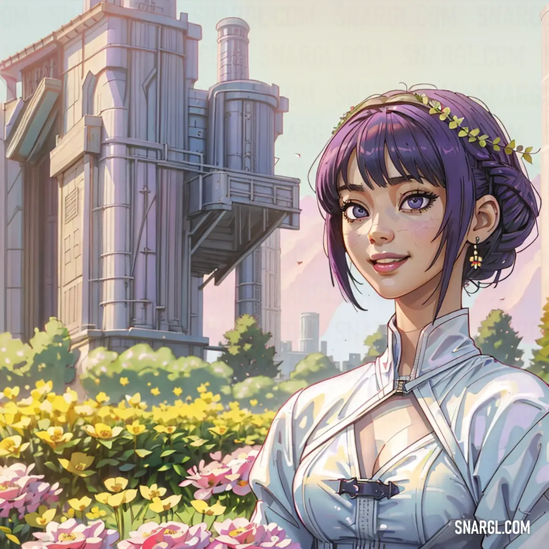 NCS S 1500-N color. Woman with purple hair and a white shirt in a flower garden with a building in the background