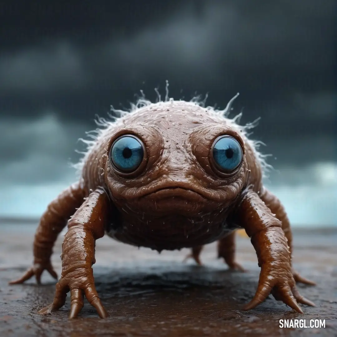 A captivating close-up of a peculiar small animal with oversized, expressive eyes and an unusual expression, set against a contrasting dark background that highlights its features.