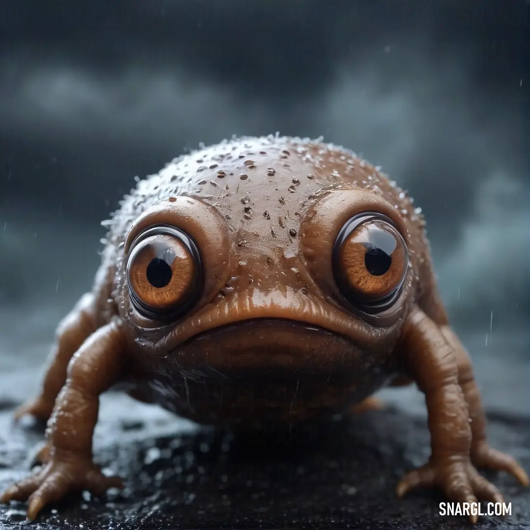 A forlorn frog with expressive eyes rests on a wet surface, glistening with raindrops. Its sorrowful gaze seems to convey a story of longing and solitude, as the water droplets around it reflect its melancholic essence in a serene, yet poignant scene.