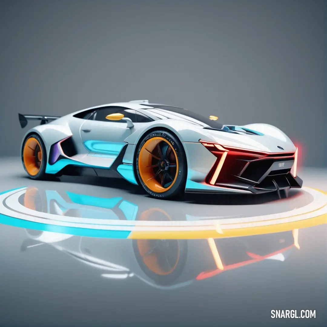 Futuristic car with orange wheels and a blue body and orange rims on a reflective surface with a blue and yellow circle around it