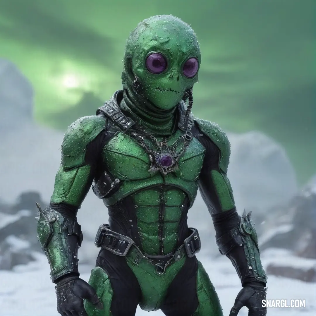 A lively green alien with striking purple eyes and a sleek black outfit stands confidently on a snowy expanse, with an unusual green sky overhead, creating an otherworldly atmosphere that intrigues and captivates.