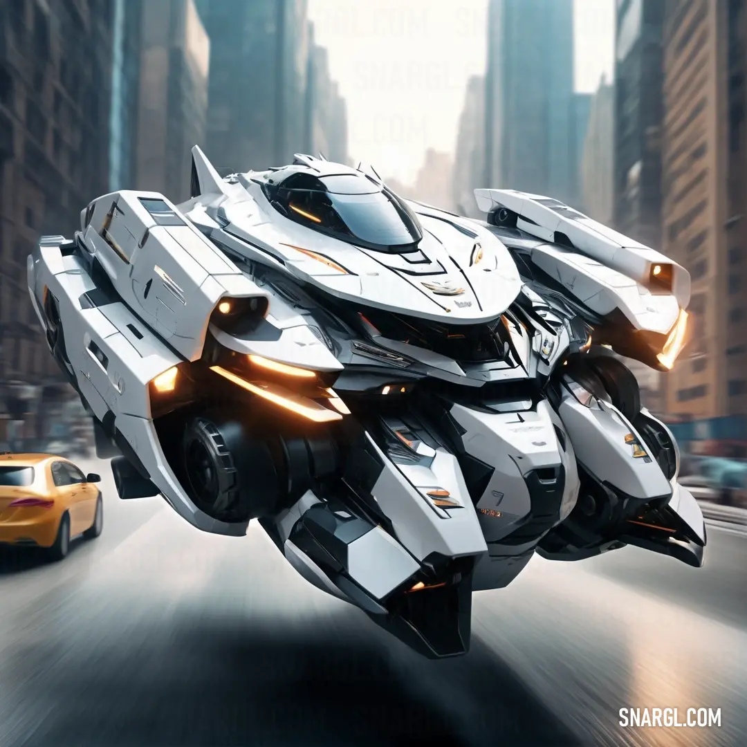 Futuristic vehicle is flying through the air in a city street with a yellow car behind it. Color #D2D7DA.