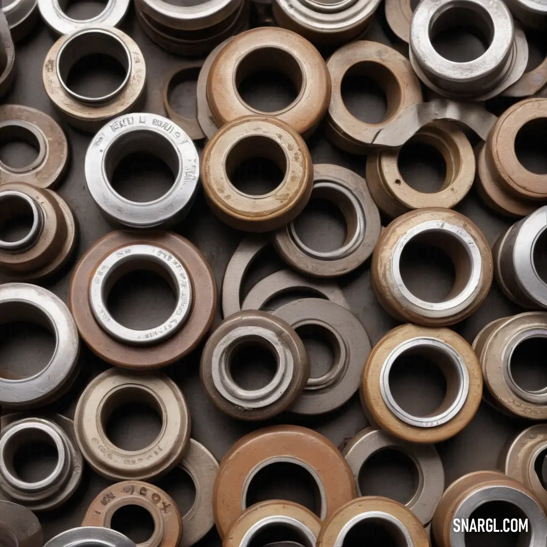 A captivating display of assorted metal flanges and nuts artistically arranged on a tabletop, contrasted against a bold black background that emphasizes their intricate details.