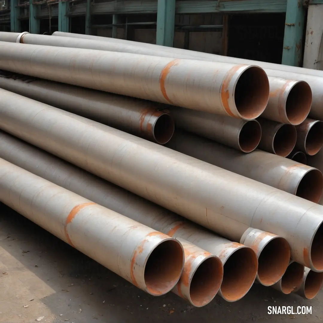 A visually compelling image of a neatly organized pile of pipes in a dynamic warehouse setting, contrasting the industrial materials against a backdrop filled with large windows.