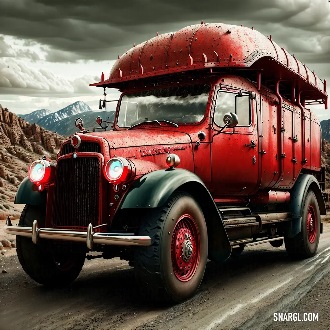 A bold red truck cruises down a scenic road, flanked by majestic mountains and a vast sky, the vehicle's vibrant color standing out against nature's rugged beauty.