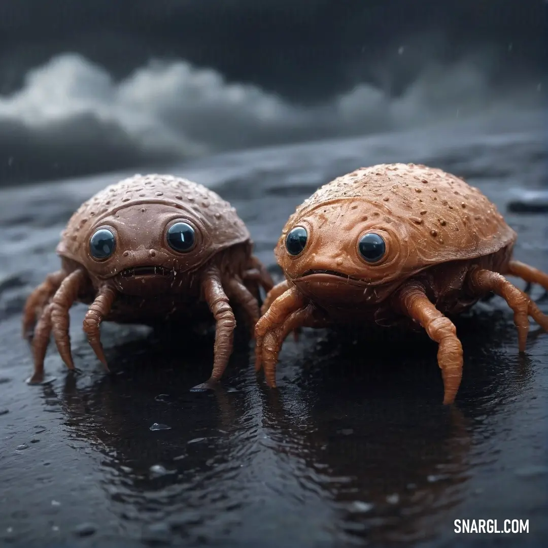 A vibrant scene capturing two tiny crabs, wide-eyed and full of wonder, scuttling across a glistening wet surface as raindrops delicately fall around them, reflecting the ethereal color #D2D7DA.