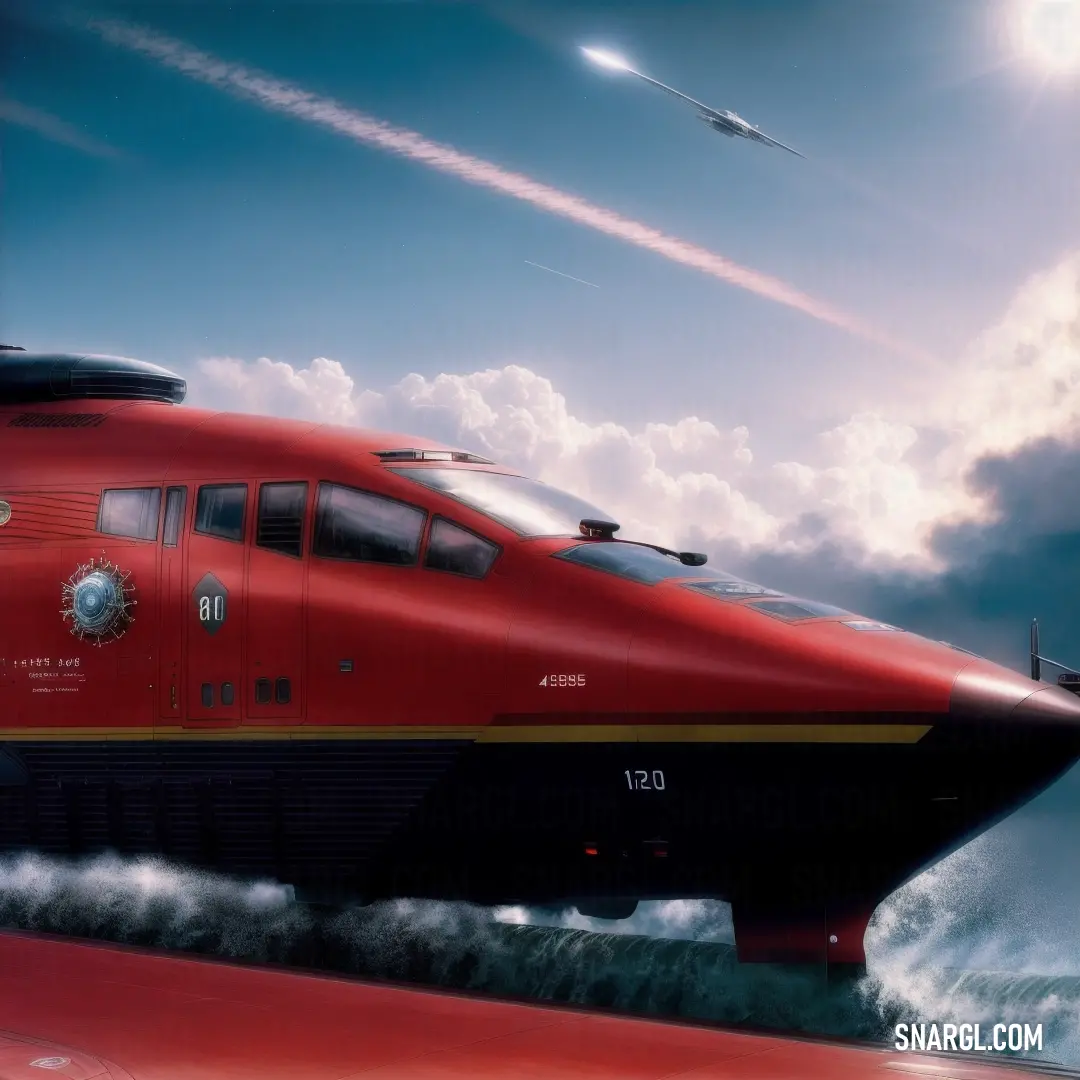 A striking red train races through a dramatic sky filled with clouds, while a jetliner soars high above, creating a breathtaking contrast of motion and scale in the landscape.