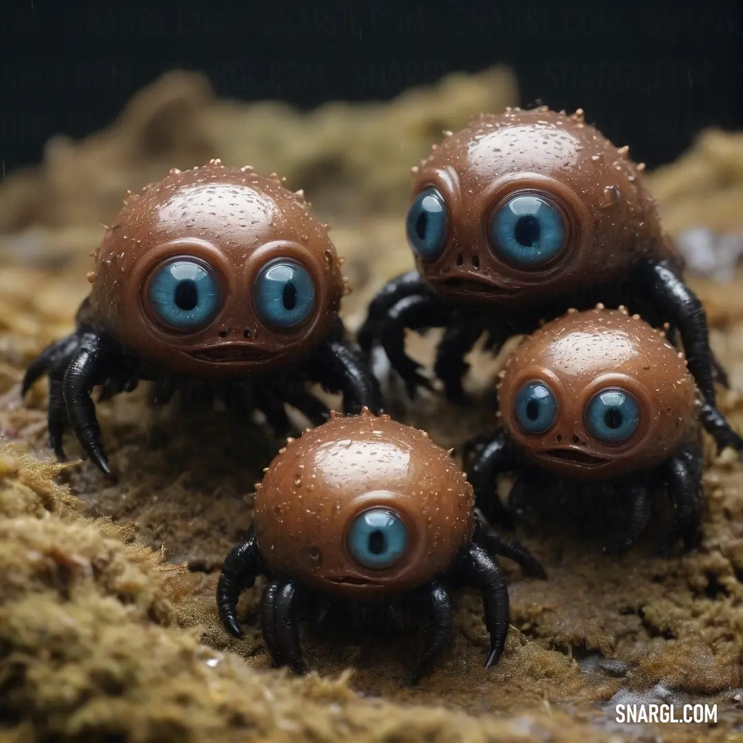 Three small brown crabs with sparkling blue eyes cling to a mossy rock, adorned with glistening water droplets. Their playful stance amid the vibrant surroundings captures a moment of nature's charm, showcasing the beauty and intricacy of life along the s