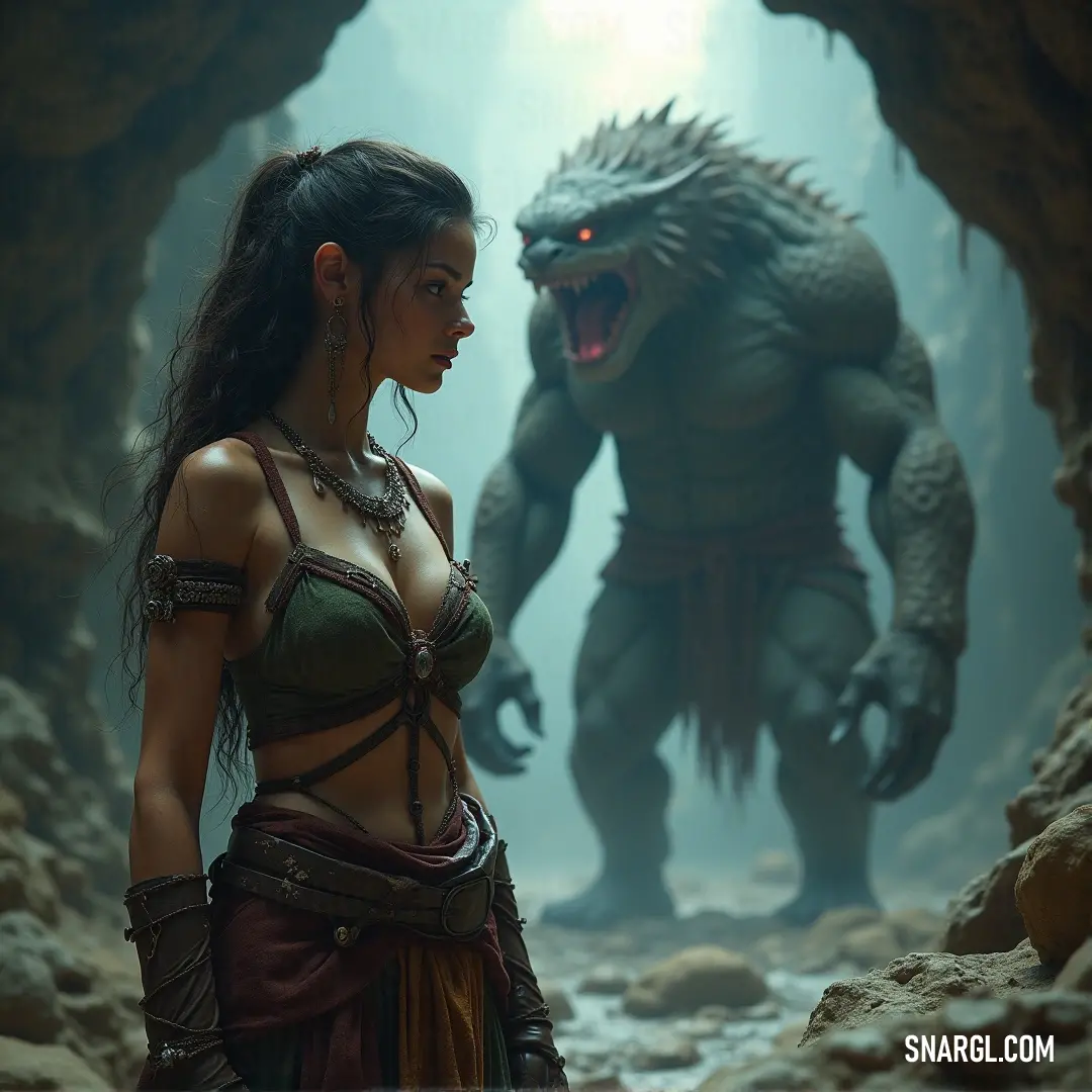 A daring woman in a stylish bikini stands confidently beside a monstrous creature within the confines of a mysterious cave, where shadows dance and light reflects off surreal rock formations, creating a captivating scene of adventure.