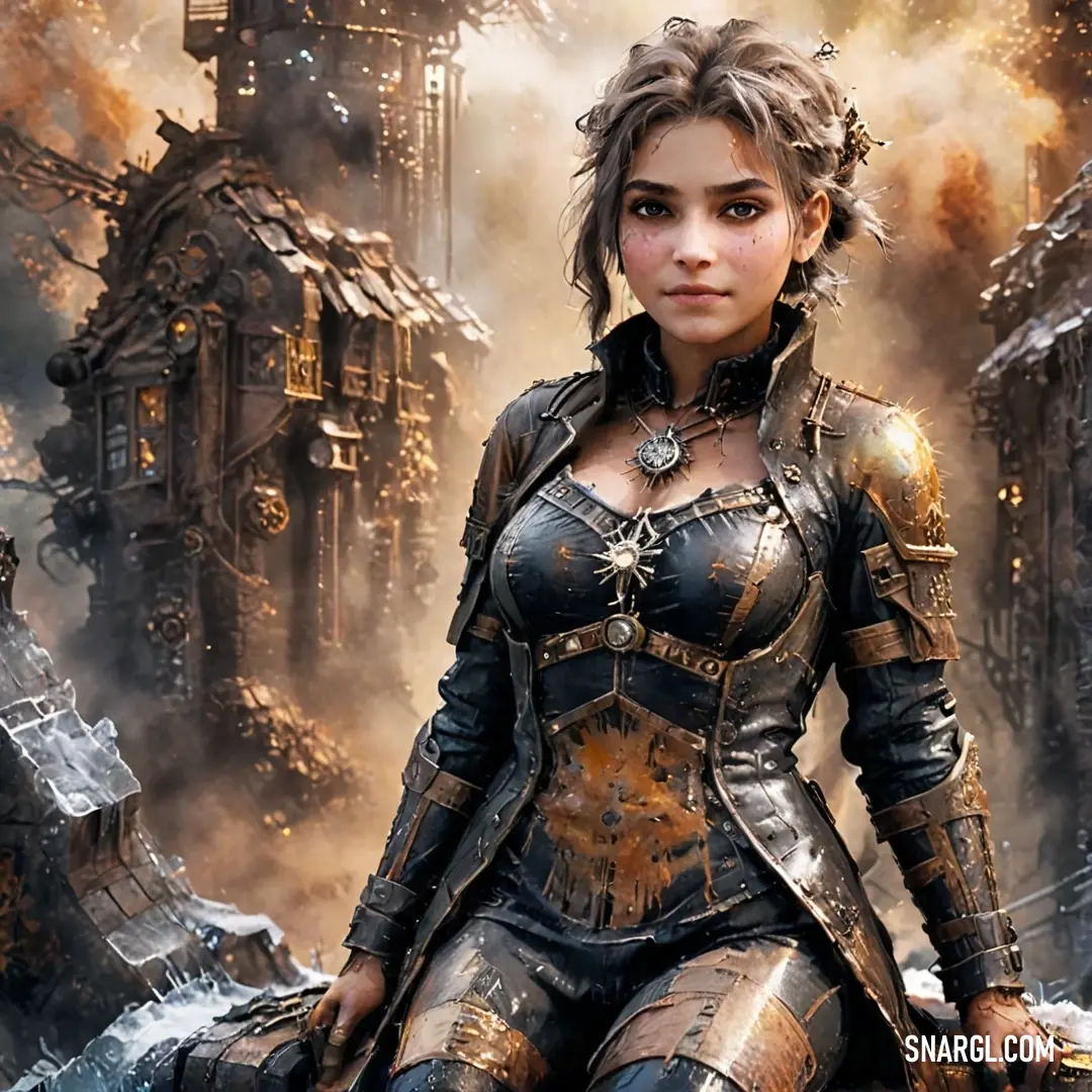 A daringly dressed woman in a steam punk ensemble stands boldly on a rock, framed by the enchanting skyline of a city with an iconic clock tower. The atmospheric colors evoke a sense of adventure, where fantasy and reality seamlessly blend.