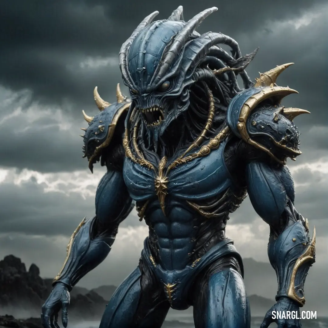 A vibrant blue alien adorned with golden accents stands in a lush green field, framed by a cloudy sky. Its majestic posture melds harmoniously with nature, embodying a connection with the universe.