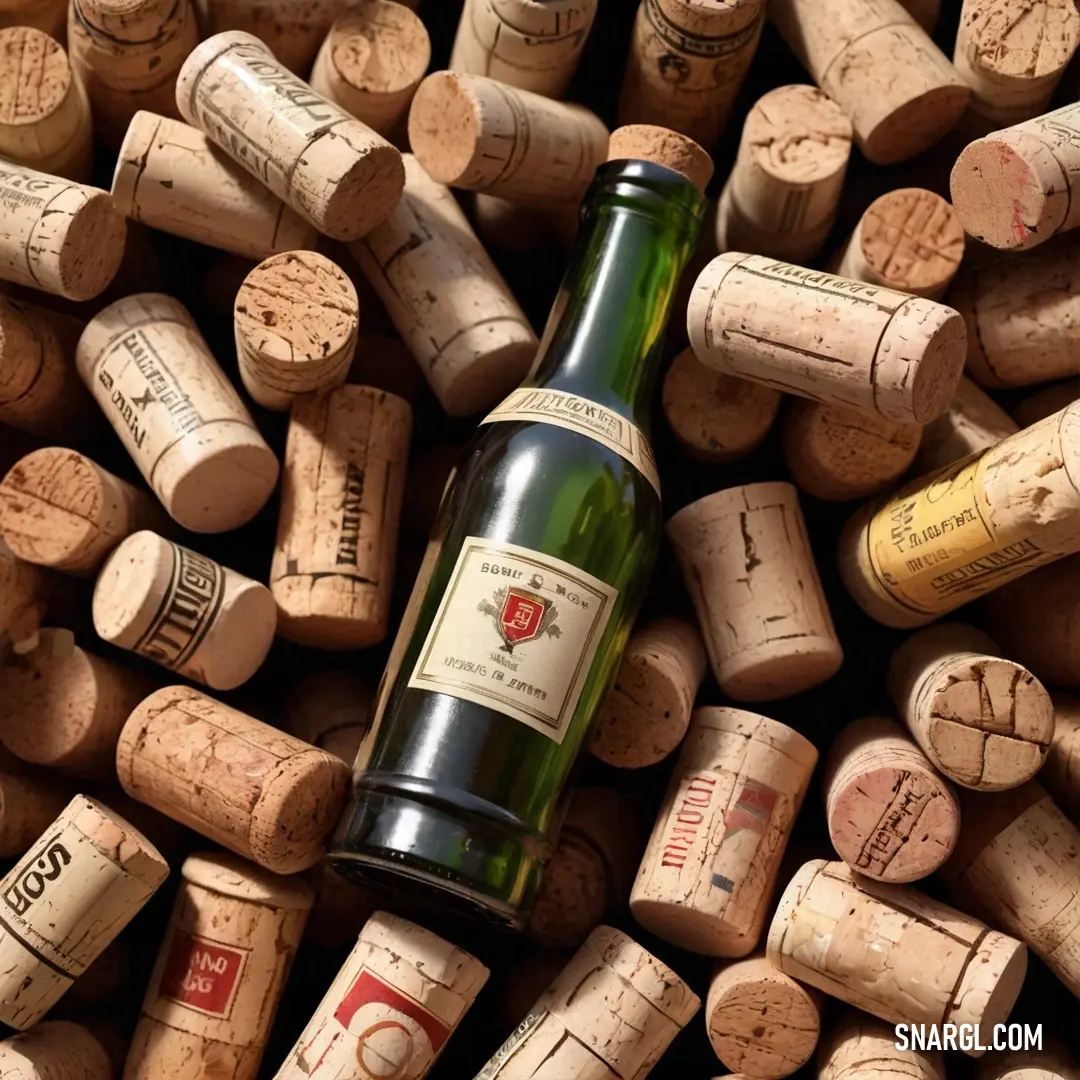 An elegant wine bottle gracefully perched atop a mound of corks, complemented by a backdrop of assorted wine bottles, showcasing an enticing journey into the world of wine.