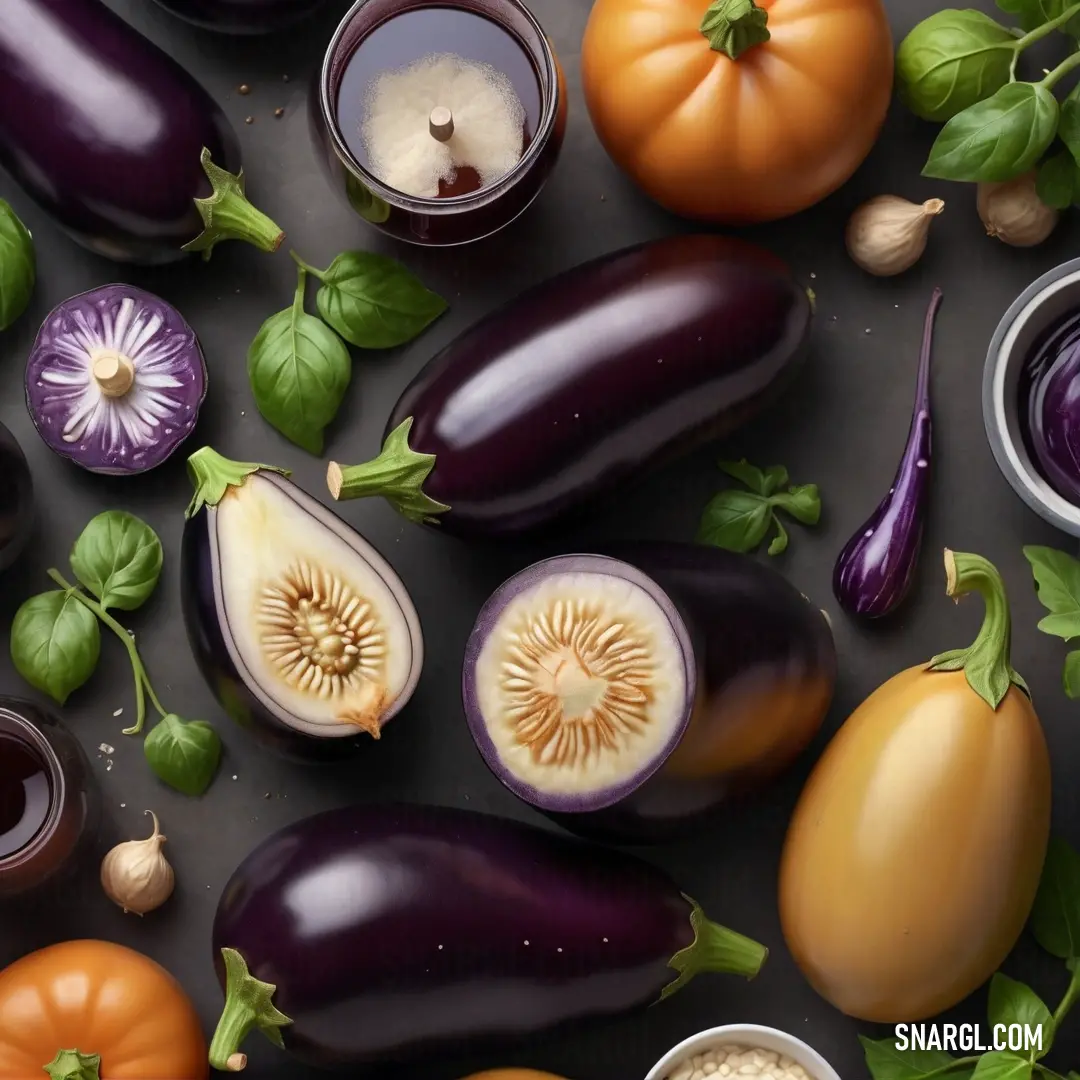 A vibrant display featuring luscious eggplants and ripe tomatoes, thoughtfully arranged to celebrate the beauty of fresh produce and its colorful palette.