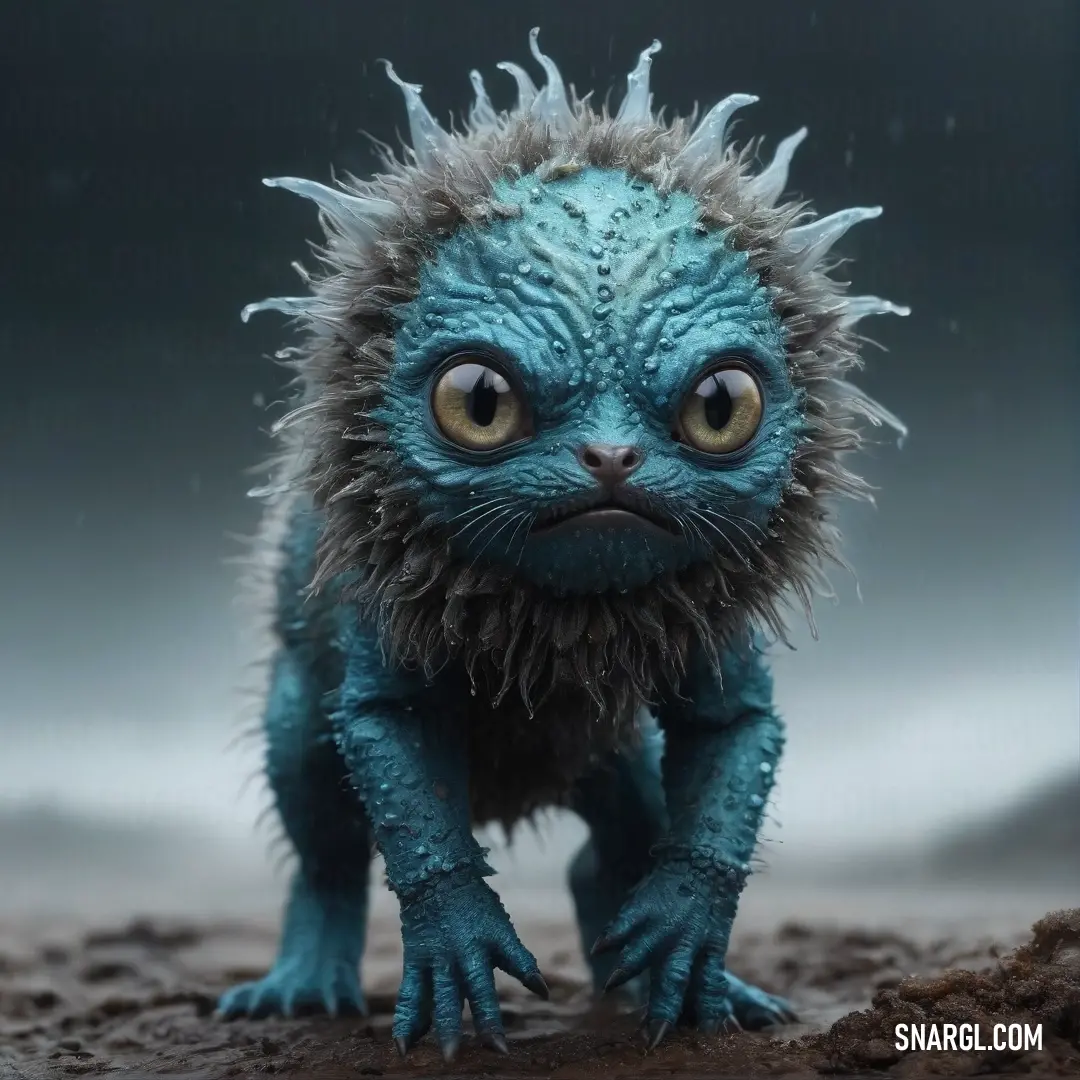 A quirky blue creature with an oddly shaped face and an eccentric haircut stands confidently against a vibrant background. Its unique appearance makes it stand out in this whimsical scene.