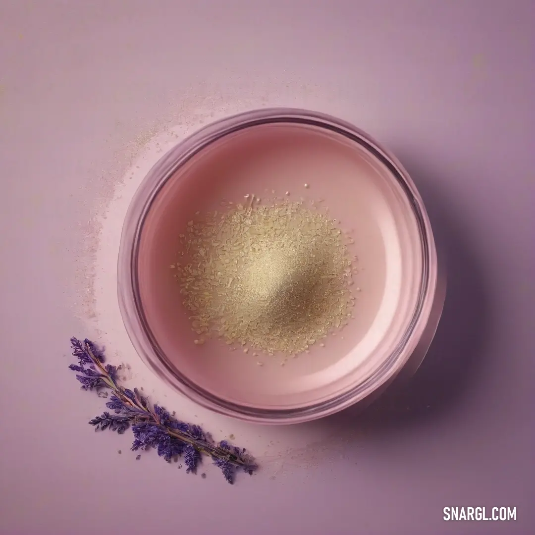 A serene composition featuring a bowl of aromatic powder alongside a delicate lavender sprig, set against a rich purple backdrop, inviting calm and tranquility.