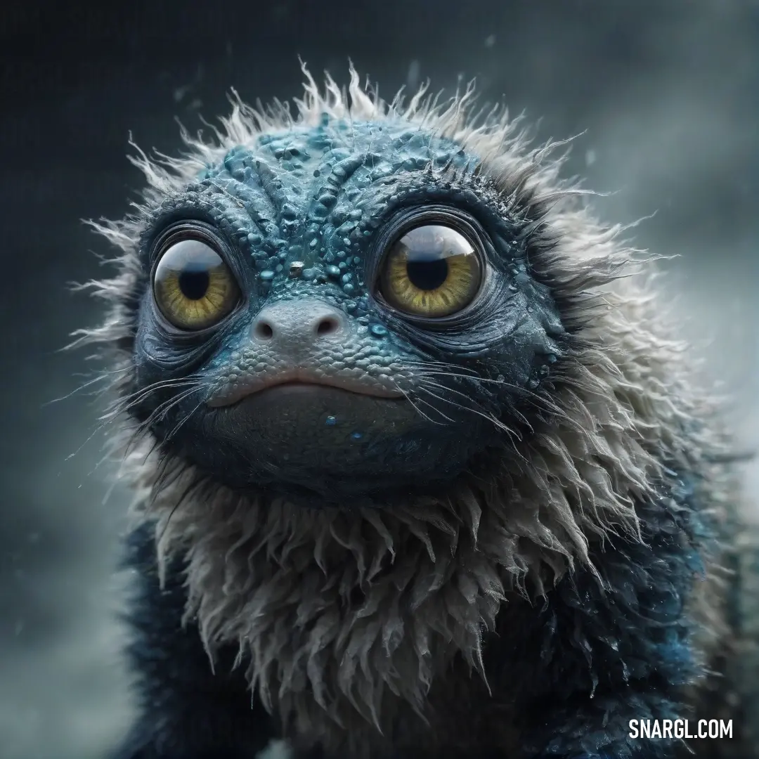 A close-up of an adorably shaggy animal, its fluffy face and expressive eyes emerge against a stark black background, creating an intimate and intriguing portrait that draws viewers in.