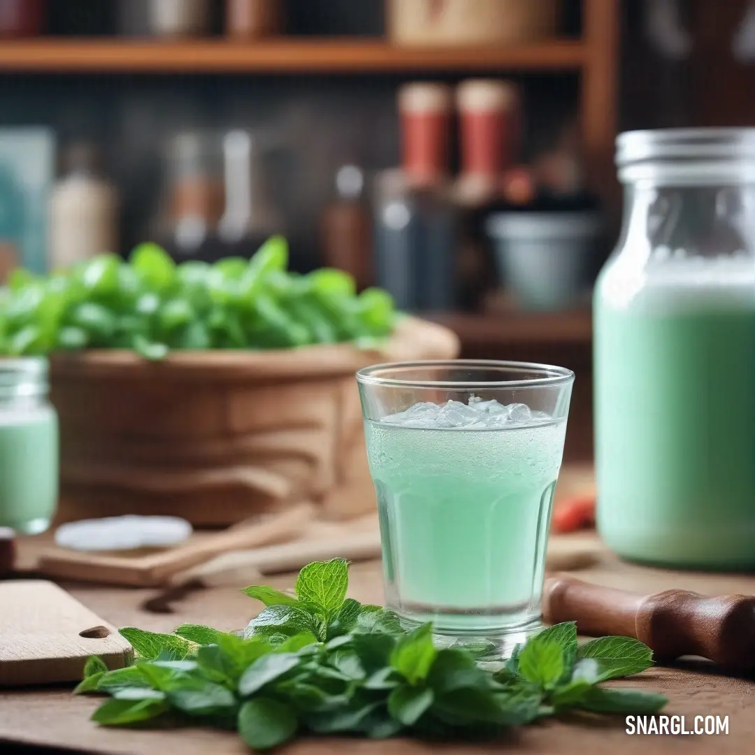 A beautiful scene of a glass filled with a vibrant green liquid, accompanied by a bottle of milk and a charming wooden spoon, exuding a sense of tranquility and comfort on a sunny table.