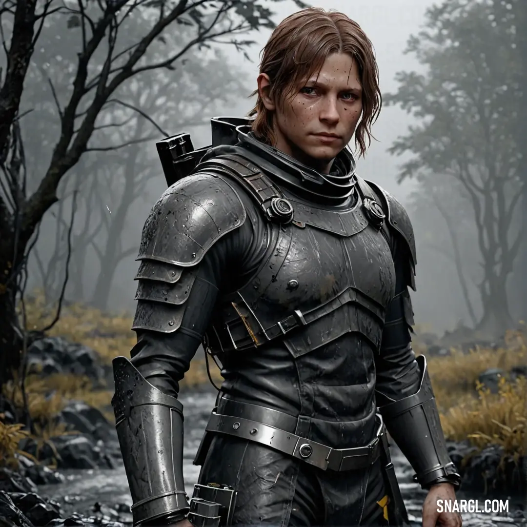 A knight in a shimmering suit of armor stands heroically in a lush forest, with a river flowing gently behind him. The sunlight breaks through the trees, illuminating a scene of valor amidst nature's tranquility.