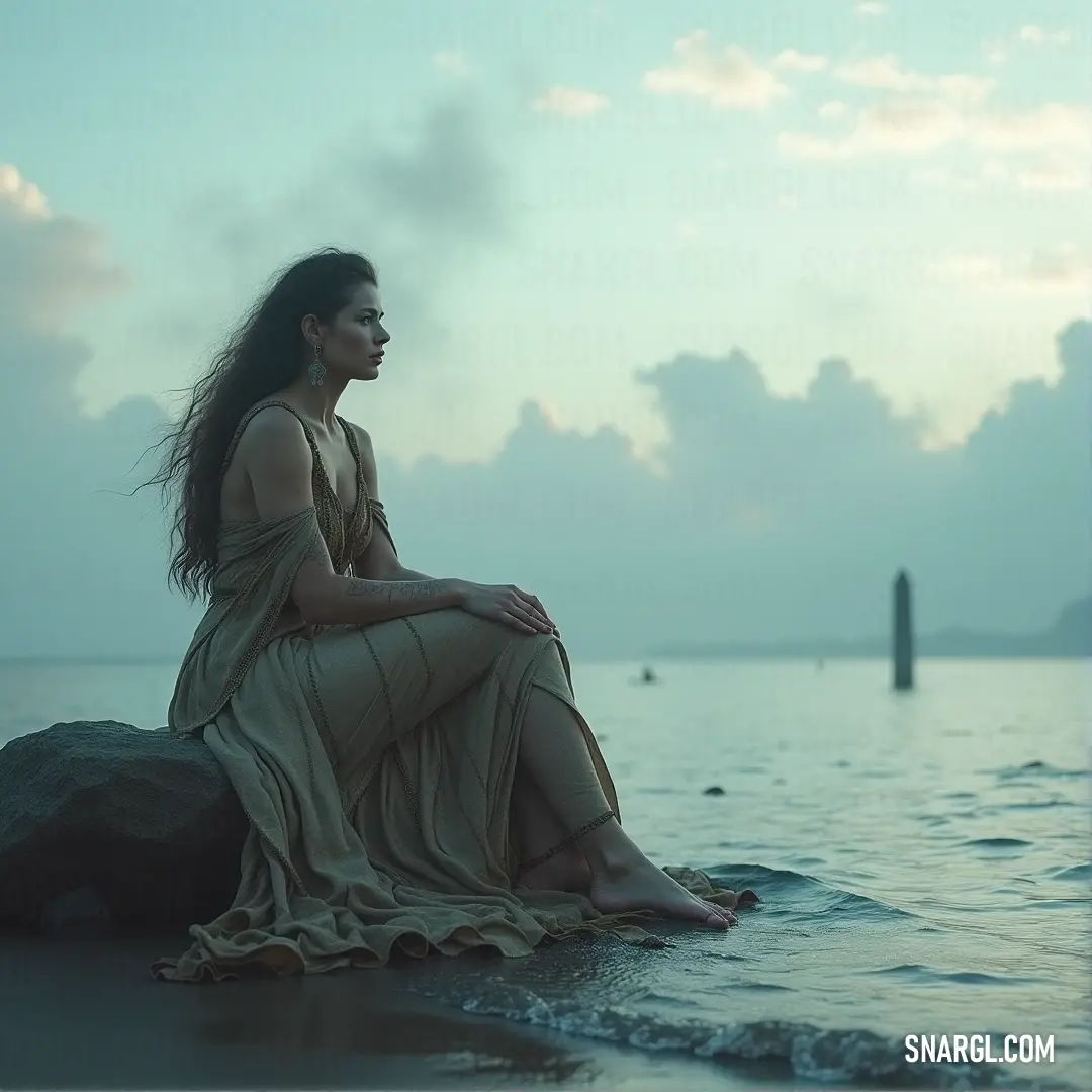 A serene sunset scene featuring a woman confidently perched on a rock by the water's edge, gazing thoughtfully towards the horizon, surrounded by ethereal clouds reflecting warm hues of orange and blue.