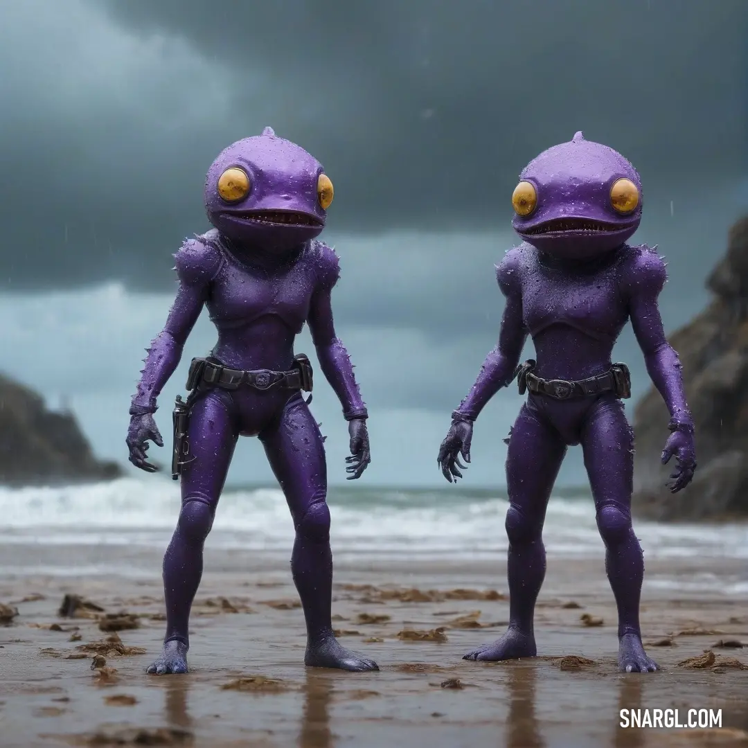 Two enchanting purple alien figures with striking yellow eyes stand side by side on a picturesque beach, surrounded by gentle ocean waves and under a moody, cloud-studded sky.