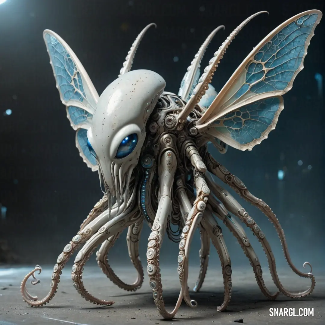 A whimsical white and blue octopus with striking blue eyes and decorative wings melds creativity and nature, showcasing its unique charm against a soft backdrop, inviting imagination.