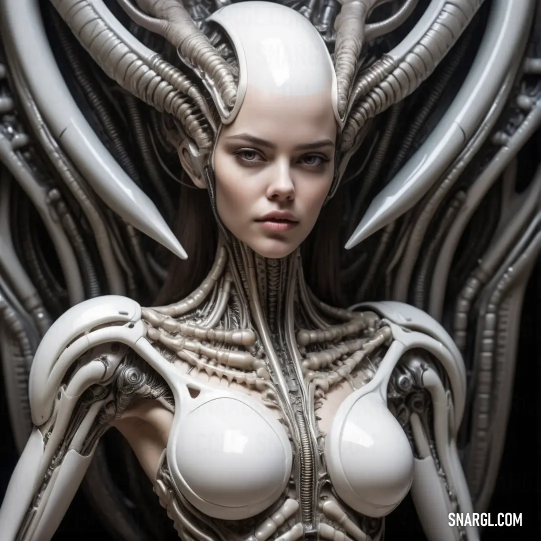 Woman with a futuristic body and head is standing in front of a large metal structure with many wires. Example of #D6DBD3 color.