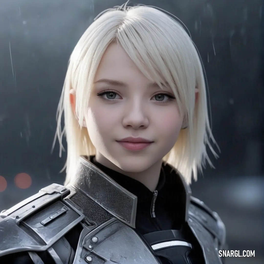 A fierce woman with striking blonde hair stands poised in armor amidst a rain-soaked backdrop, droplets cascading around her. Her powerful pose and the glow of light behind her heighten the intensity of the moment.